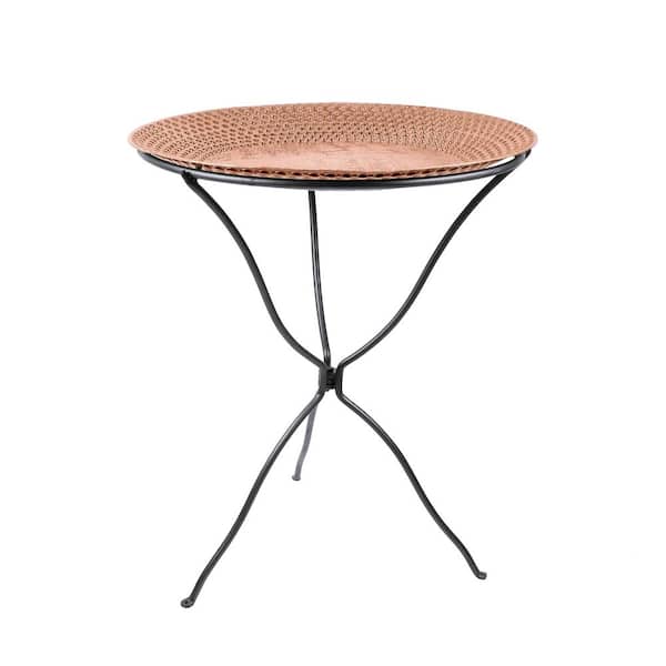 24 in. Dia. Round Brass Hammered Copper Birdbath w/Black Wrought Iron Folding Ring Stand