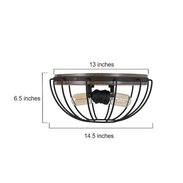 LNC FQYR3MHD1392047 Industrial Black Semi Flush Mount 2-Light 14.5 in. Cage Rustic Bedroom Ceiling Lights with Wood Accents