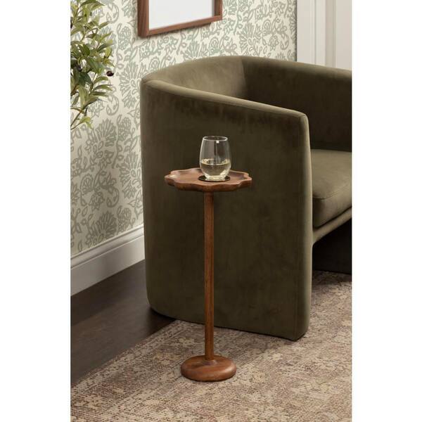 Alezar 9 in. Walnut Brown Round Scalloped Solid Wood End Table