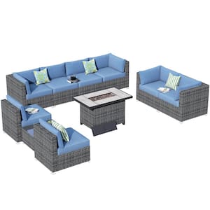 Messi Grey 10-Piece Wicker Outdoor Patio Fire Pit Conversation Sofa Sectional Set with Denim Blue Cushions