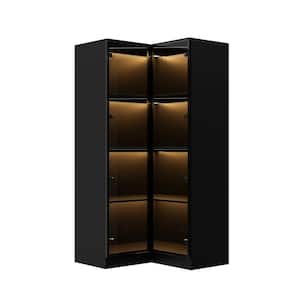 Black Wood 31.5 in. W. 2-Door Corner Wardrobe Armoires Bag Cabinet with Glass Doors, 3-Colors LED Lights