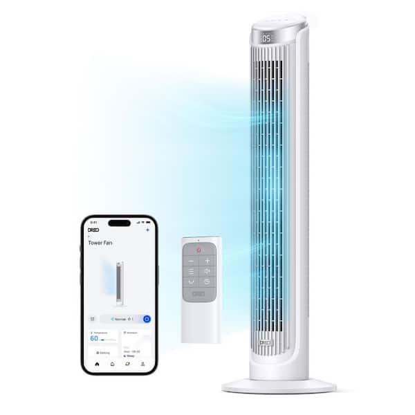40 in. Smart Tower Fan, 5-Speeds, 12 H Timer, 90° Oscillation with Remote, AC Motor, Wi-Fi Voice Control in White
