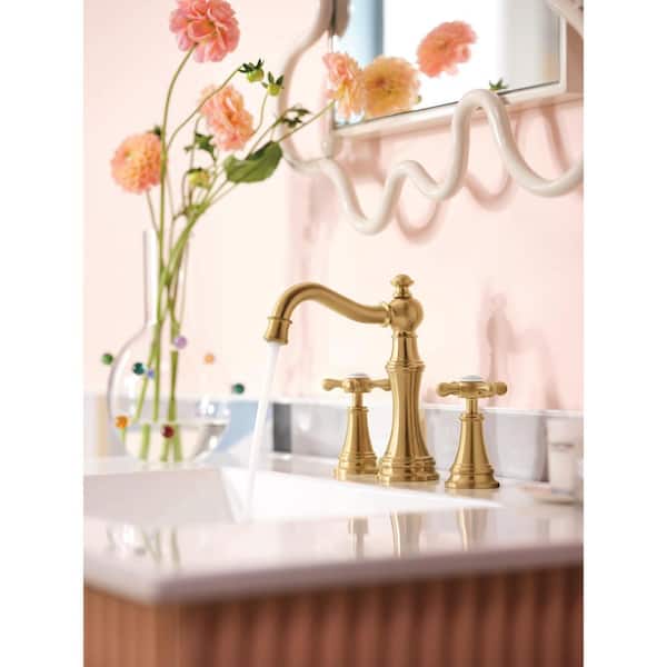 Weymouth Brushed Gold 8 in. Widespread 2-Handle High-Arc Bathroom Faucet, Valve Included