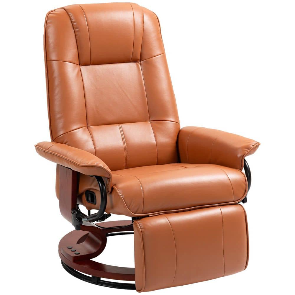 Light Brown Faux Leather Swivel Recliner with Wood Base