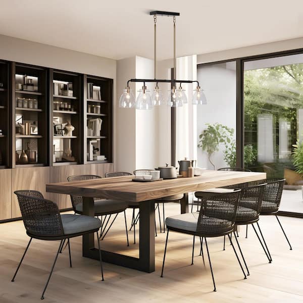 Modern Transitional 28 in. 6-Light Black Chandelier Light, Brass Island Pendant Light with Bell Clear Glass for Kitchen