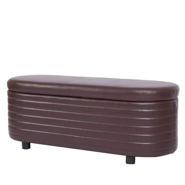 KINWELL 49.6 in. Wide Brown PU Leather Upholstered Rectangle Ottoman with Storage