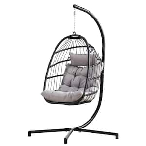 1-Person Black Wicker Cantilever Patio Swing with Gray Cushion and Stand