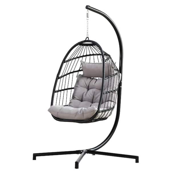 Afoxsos 1-Person Black Wicker Cantilever Patio Swing with Gray Cushion and Stand