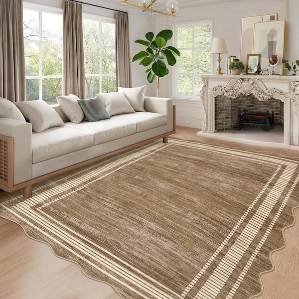 8 X 10 ft. Brown Scallop Area Rug, Washable Rug, Non-Slip Low-Pile Solid Rug, for Bedroom, Living Room, Home Office