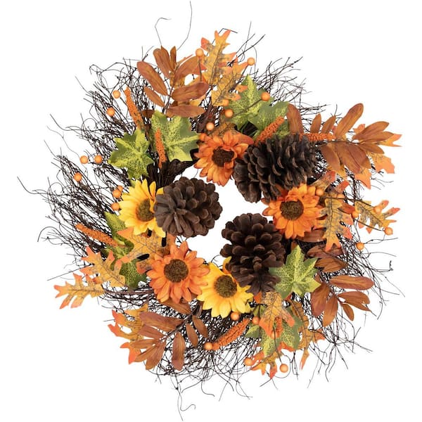24 in. Autumn Harvest Decorative Artificial Fall Leaves Berries Pinecones & Sunflowers Wreath - Unlit