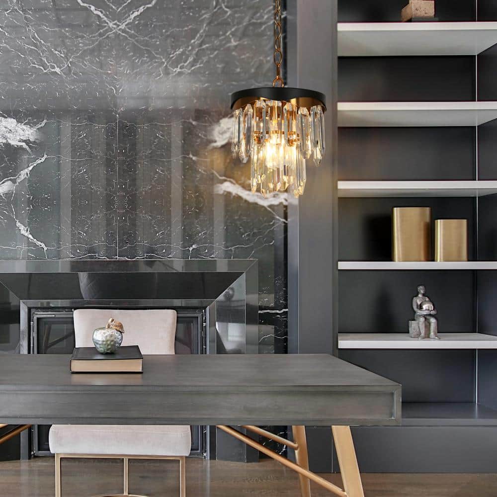 Mini Matte Black and Gold Crystal Drum Pendant Light