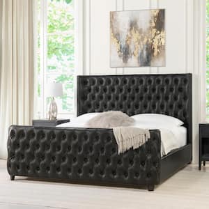 Brooklyn Vintage Black Brown Faux Leather King Tufted Panel Bed Headboard and Footboard Set