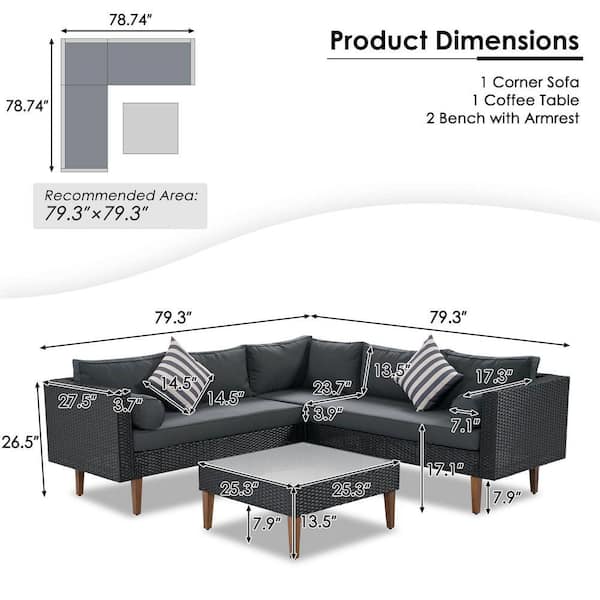 Black 4-Piece Wicker Outdoor Sectional Set, Patio Sofa Set with