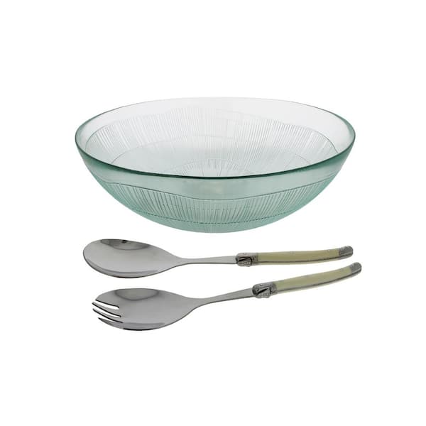 French Home Recycled Glass Birch Salad Bowl and Laguiole Servers with Faux Ivory handles.
