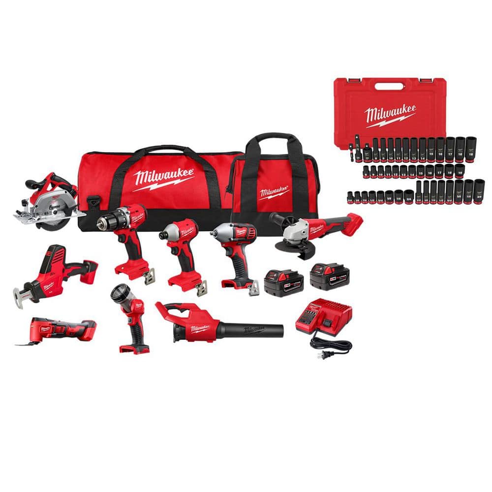 MILWAUKEE M18 18-Volt Li-Ion Cordless Combo Kit (9-Tool) w/ (2) Batteries &Charger& 3/8 in. Drive SAE/Metric 6 Pt Socket Set 43pc (3692-29-49-)
