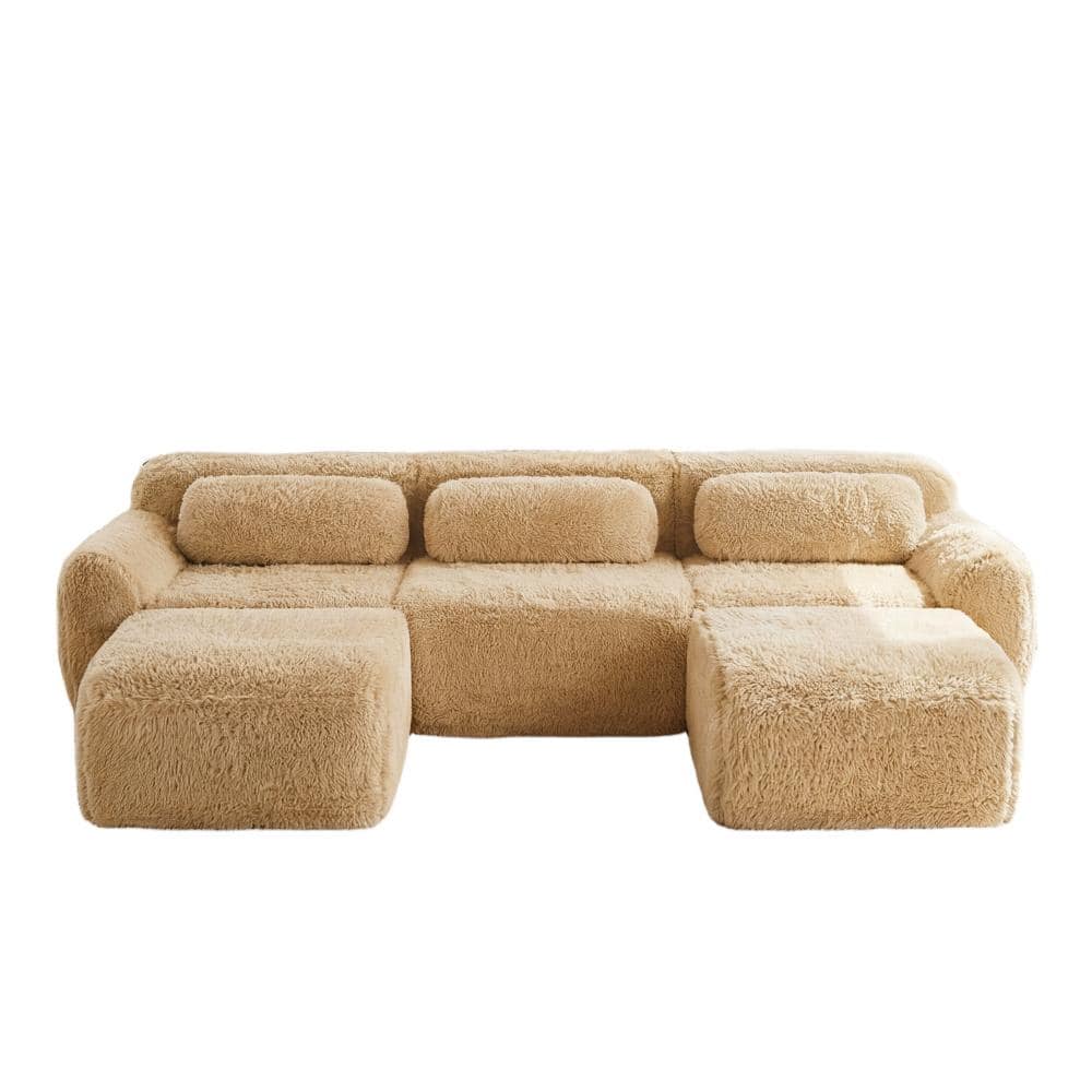 72 in. Armless 4-piece Plush U-shaped Non-slip Sectional Sofa with Ottoman in Light Khaki durable construction