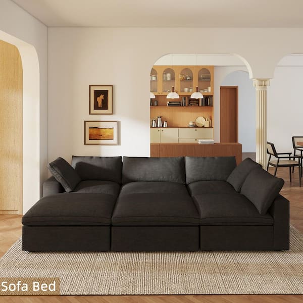 157 in. Square Arm 6-Piece Linen U-shaped Sectional Sofa Cloud Couch in Black with Storage Ottomans