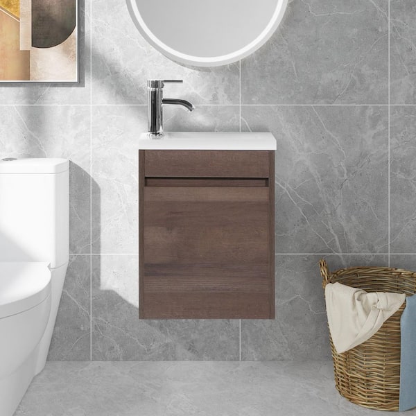 Wonline 16.1 in. W x 9.85 in. D x 20 in. H Single Sink Wall Mounted Bath Vanity Set in Brown with White Resin Integral Sink
