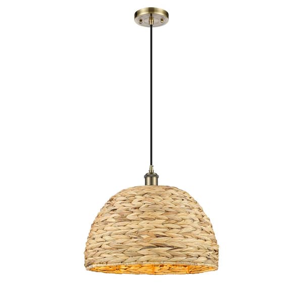 Innovations Woven Rattan 100-Watt 1-Light Antique Brass Shaded Mini Pendant Light with Rattan Shade