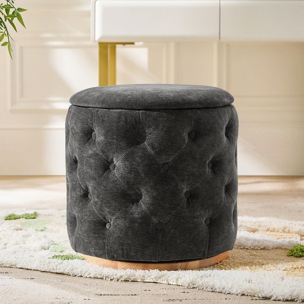 Tiffany Grey Polyester Round Ottoman with 360-degree Swivel Solid Wood Base