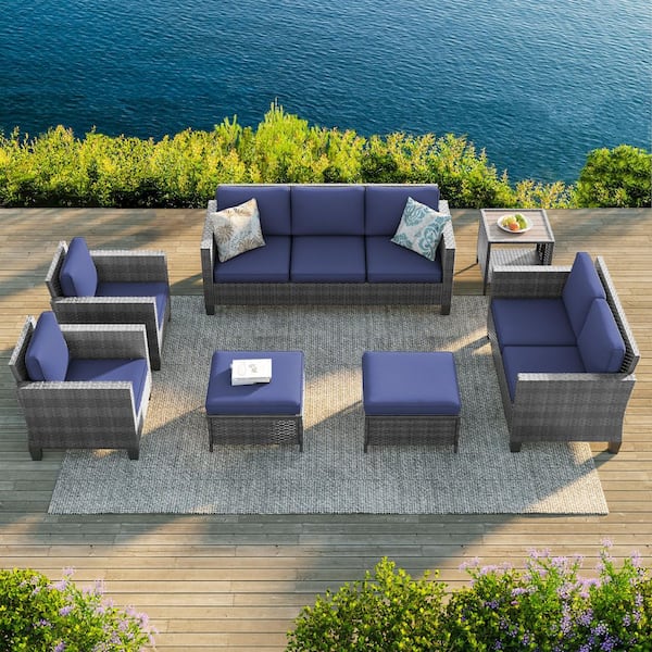 7-Pieces Patio Conversation Set with Side Table, Loveseat Sofa and Ottomans Gray Wicker with Navy Blue Cushions