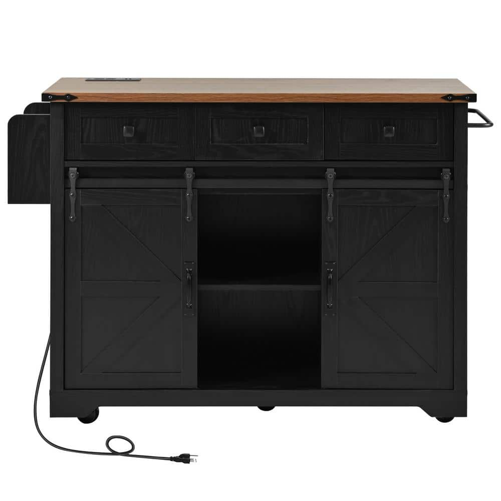 Nestfair Black Wood 53.8 in. Kitchen Island with Power Outlet, Drop Leaf and Drawers