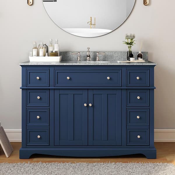 Fremont 49 in. Single Sink Navy Blue Bath Vanity with Grey Granite Top (Assembled)