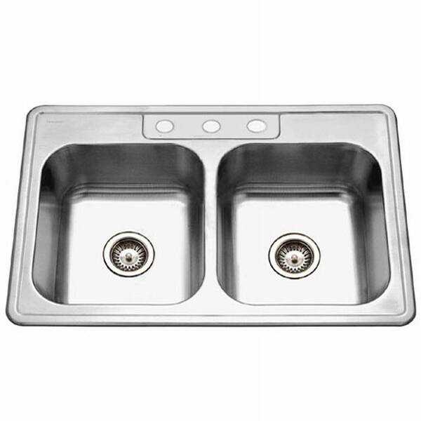 HOUZER Glowtone Series Drop-In Stainless Steel 33x22x6 3-Hole Double Basin Kitchen Sink