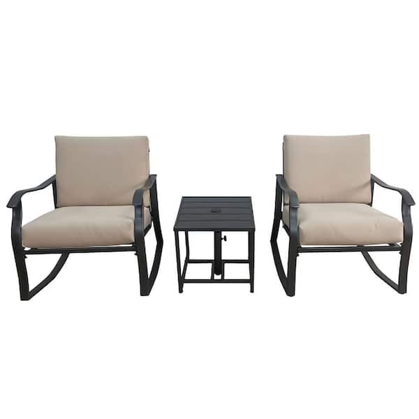 Alpulon 3-Piece Patio Metal Outdoor Rocking Chair Set with Beige Cushions and Table