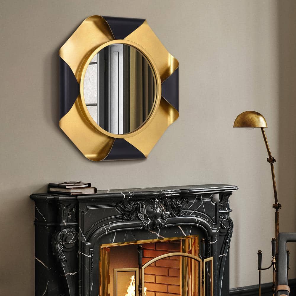 Round Gold Foiled Octagon Vanity Mirror with Curled Metal Frame