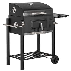 1-Burner Outdoor Portable Tabletop Charcoal BBQ Grill with Side Table, Bottom Storage Shelf, Wheels & Handle in Black