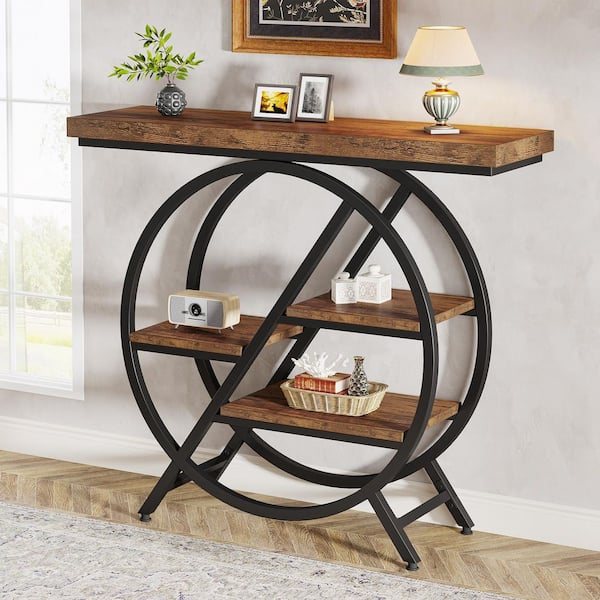 TRIBESIGNS WAY TO ORIGIN Benjamin 39.4 in. Brown 4-Tier Rectangle Wood Entryway Sofa Console Table Geometric Frame Industrial Narrow Hallway