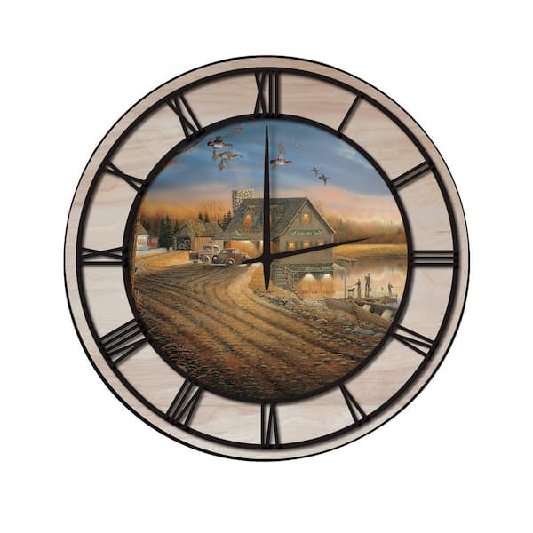 Unbranded "Angler's Inn" Woodgrain Accent and Black Numbers Imaged Wall Clock