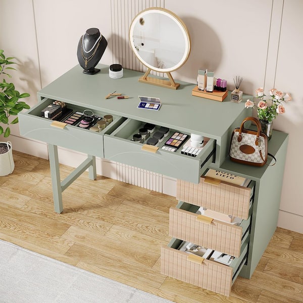 BYBLIGHT Green Makeup Vanity Table with 5-Drawers, Small Corner Dressing Table for Bedroom