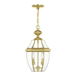 Aston 19 in. 2-Light Polished Brass Dimmable Outdoor Pendant Light with Clear Beveled Glass and No Bulbs Included