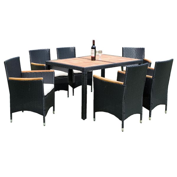 Sudzendf Black 7-Piece Wicker Outdoor Dining Set for 6 with White Cushion and Acacia Wood Table Top