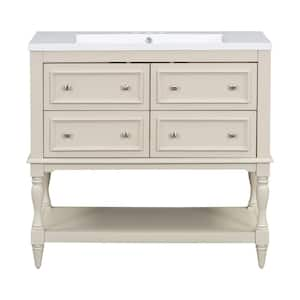 36 in. W x 18 in. D x 34 in. H Single Sink Freestanding Bath Vanity in Beige with White Resin Top