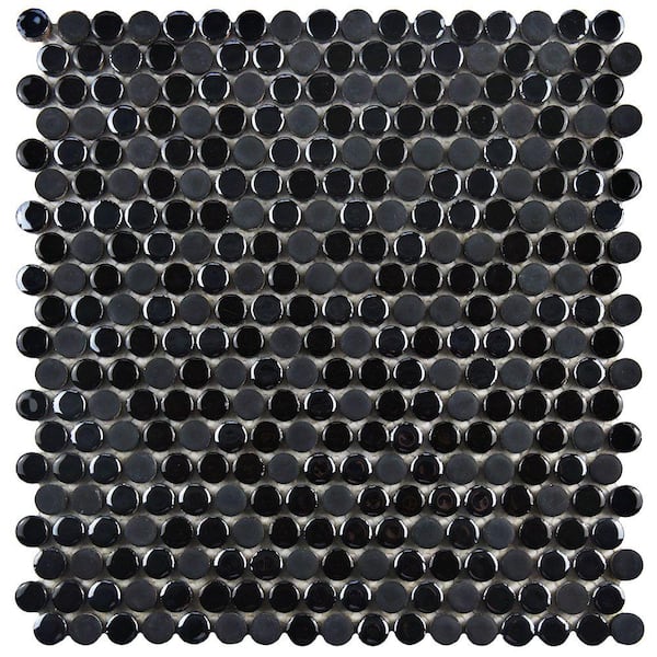 Merola Tile Galaxy Penny Round Black 11-1/4 in. x 11-3/4 in. x 9 mm Porcelain Mosaic Tile