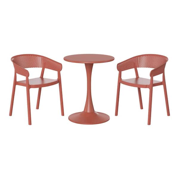Frond and Form Outdoor Patio Modern 3-Piece Round HDPE Plastic Bistro Dining Set with Stackable Chairs, Red