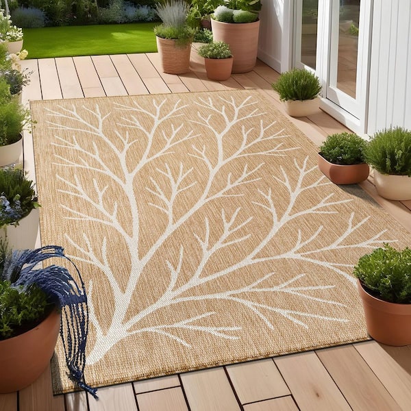 Flora Natural 10 ft. x 14 ft. Coral Branch Washable Indoor Outdoor Area Rug
