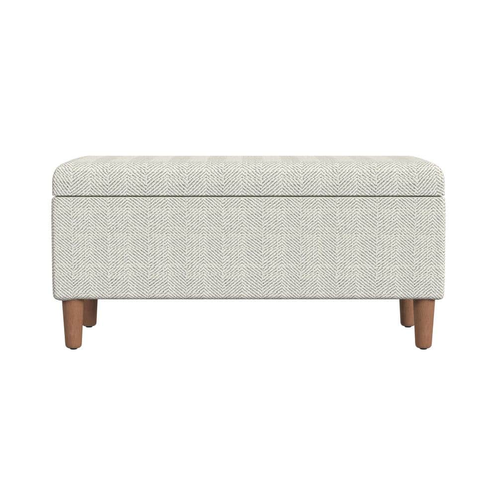 Cream Chevron Upholstered Storage Bench with Wood Legs