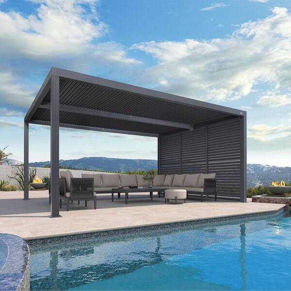 PURPLE LEAF 12 ft. x 16 ft. Gray Aluminum Louvered Pergola with 2 Adjustable Sunshade Roofs and 1-Short Side Fixed Shutter Wall