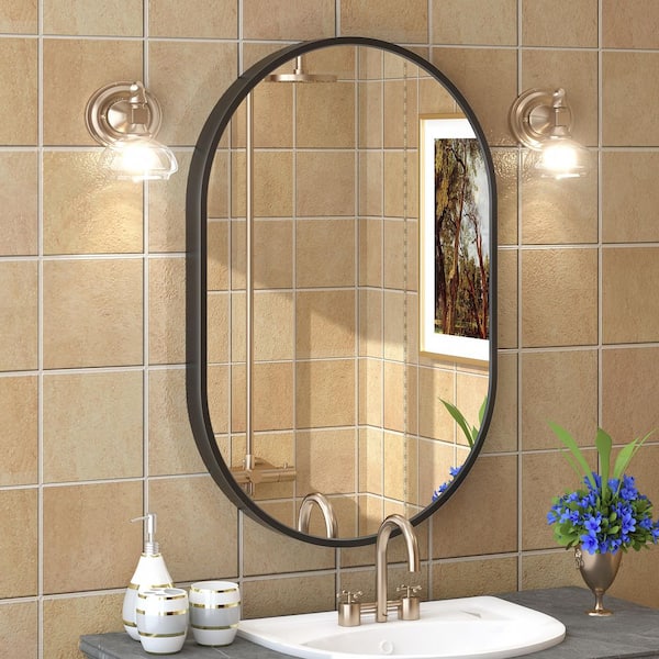 20 in. W x 30 in. H Oval Aluminum Alloy Framed and Tempered Glass Wall Decor Bathroom Vanity Mirror in Matte Black