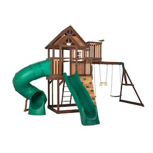 Skyfort Outdoor Playground Set w/ Tube Slide, Elevated Clubhouse, Crow's Nest, Rockwall, Wave Slide, and Swing Set
