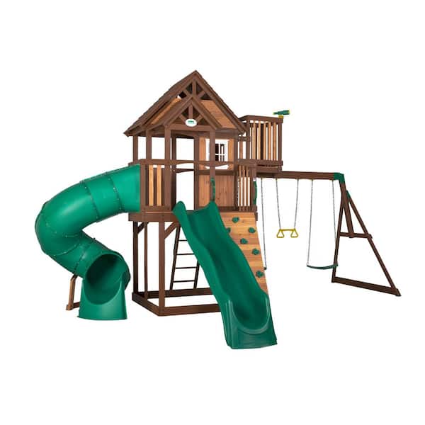 Skyfort Outdoor Playground Set w/ Tube Slide, Elevated Clubhouse, Crow's Nest, Rockwall, Wave Slide, and Swing Set