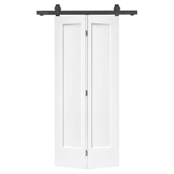 CALHOME 30 in. x 80 in. 1 Panel Shaker White Painted MDF Composite Bi-Fold Barn Door with Sliding Hardware Kit