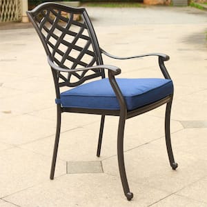 Dark Black Aluminum Outdoor Lounge Dining Chair with Navy Cushions for Garden Patio(2-Pack)