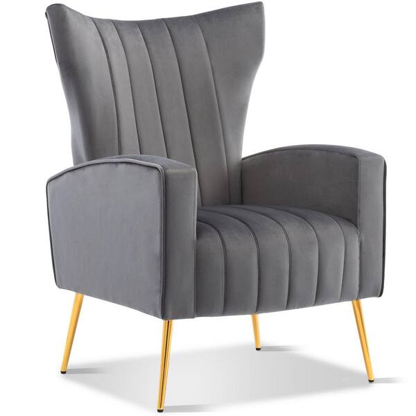 Gray Metal Frame Modern Gold Leg Arm Accent Chair With Velvet