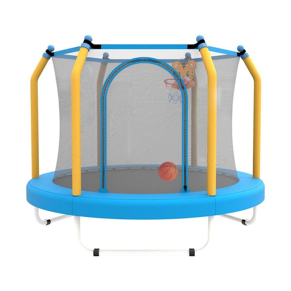 Tenleaf 55 in. Blue Round Small Toddler Trampoline for for Kids Indoor and Outdoor with Basketball Hoop