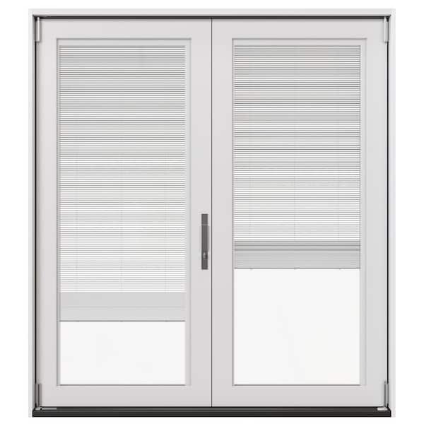 72 in. x 80 in. Right-Hand Folding Primed Fiberglass 2-Panel Patio Door w/ Low-E Glass, Blinds and Nickel Handle